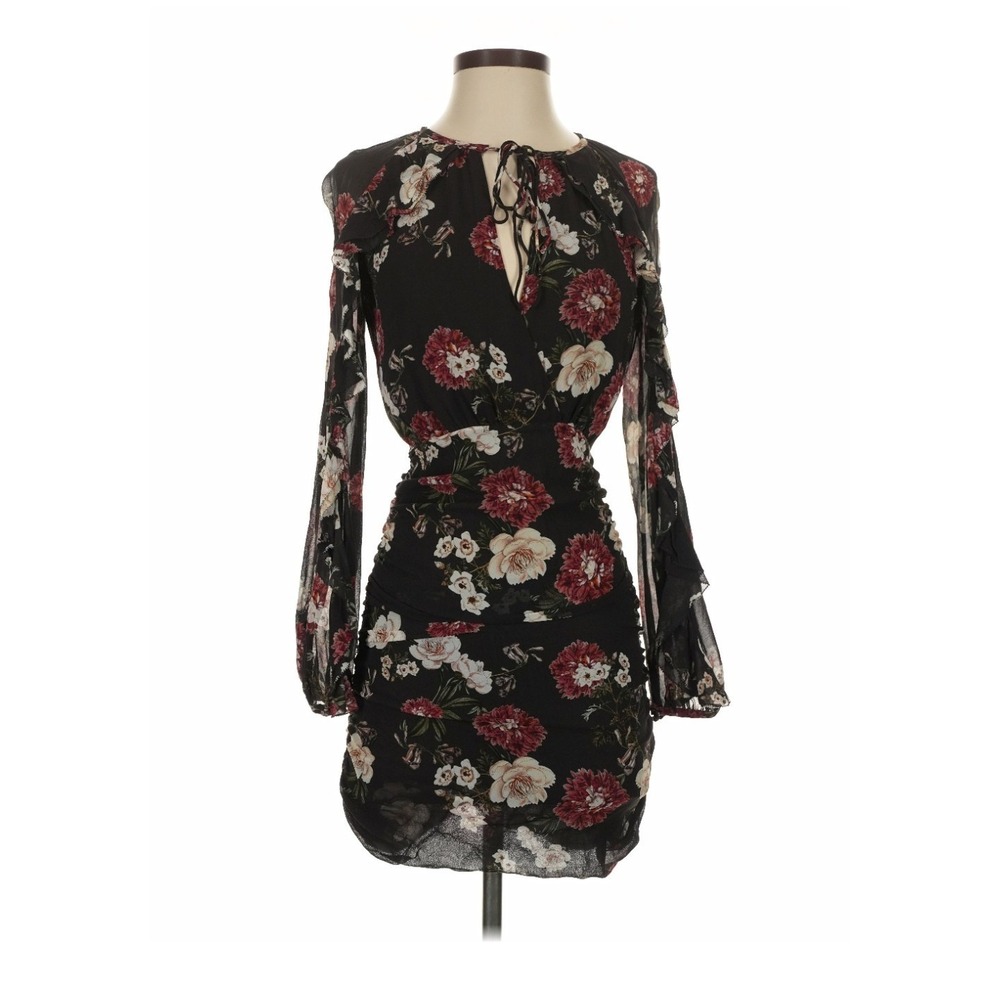 NICHOLAS Floral Cascade Ruched Mini Dress Black Burgundy Size 2